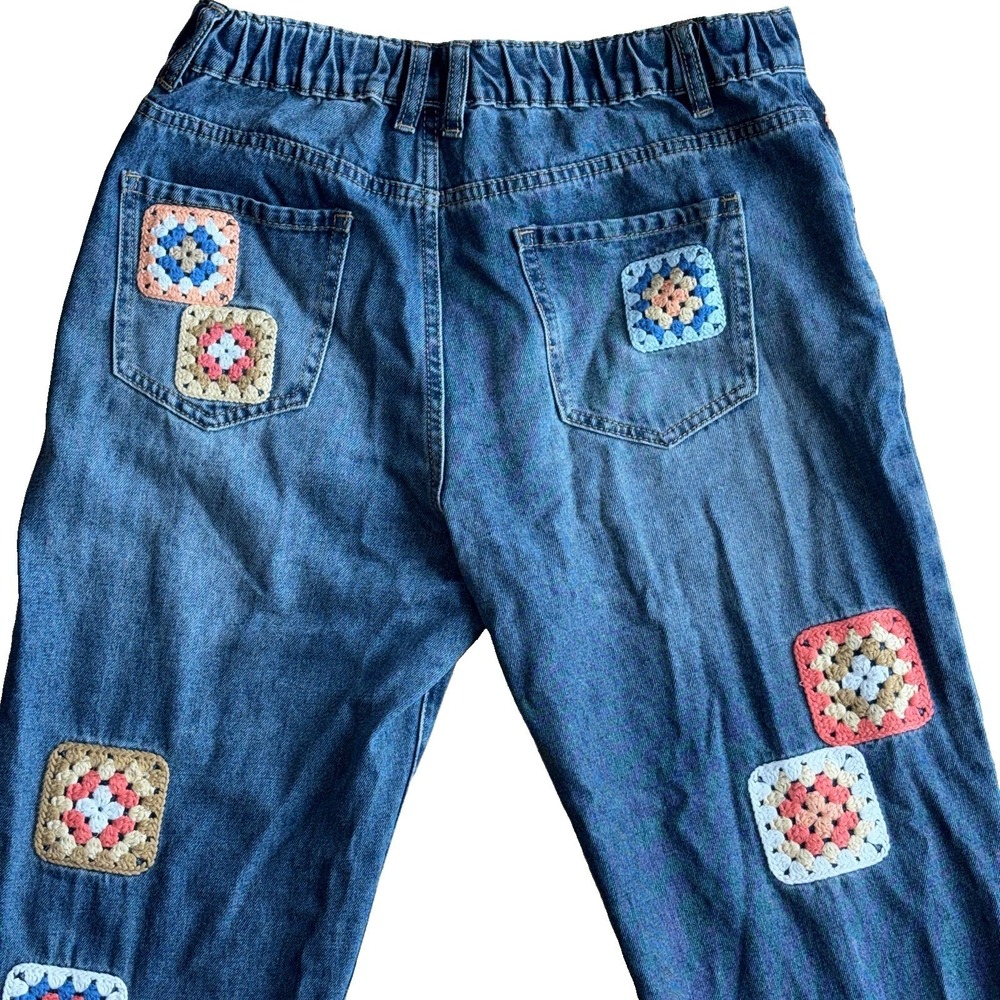 Oli & Hali Boho Crochet Multicolor Granny Square Patch Jeans Raw Hem Size Medium - Picture 5 of 11